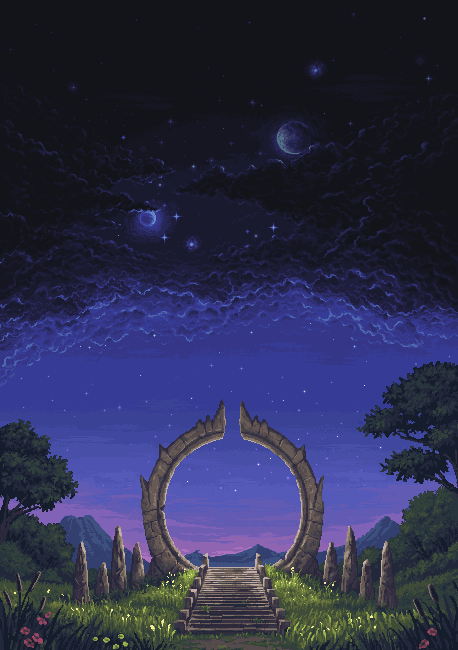 A stone waygate portal beneath an aurora night sky